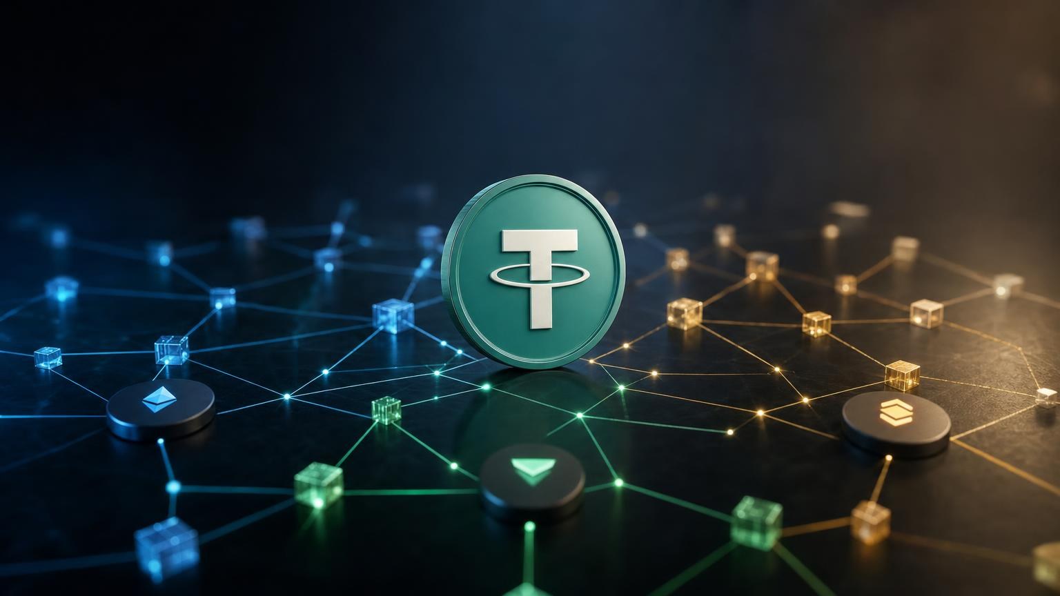 USDT tokens moving through different blockchain networks, with network resources and exchange fees shown along each route